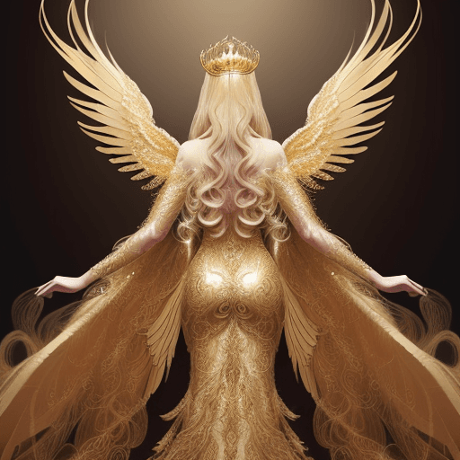 AI generated: A man adorned in a golden, intricately designed gown that cascades down to the ground. She is also w...