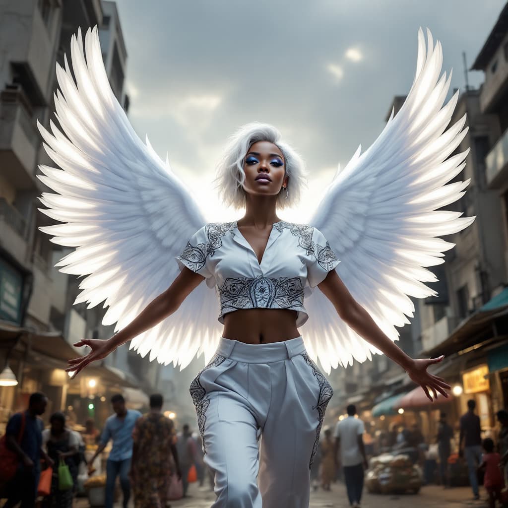 AI generated: A stunning futuristic depiction of a black American female with white hair and blue eyes. In a futur...