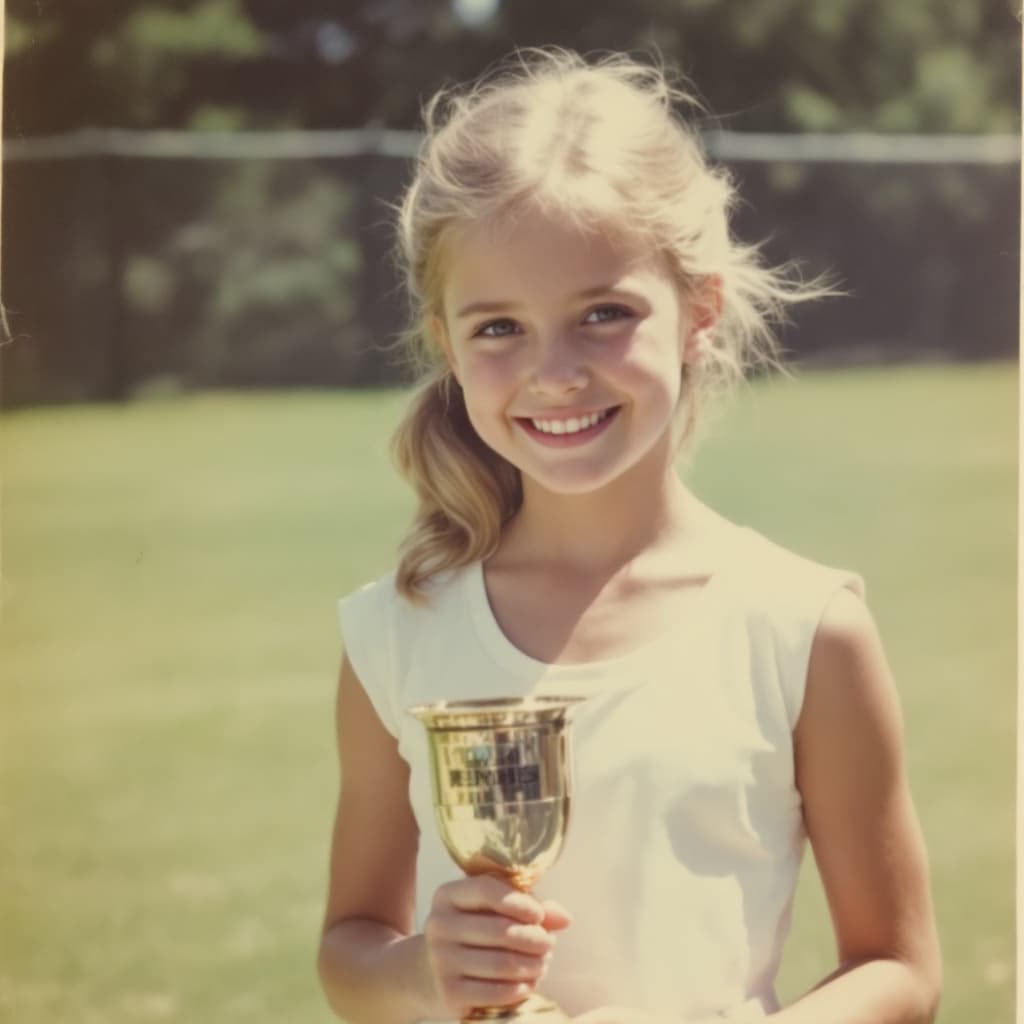 AI generated: Cute 15yo blonde girl, wearing a short white tennis dress outdoors. She1980s Polaroid. Her hair is i...