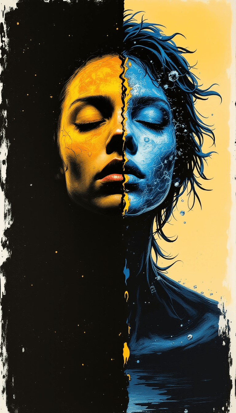 AI generated: A film poster demonstrating a human with one sise melting under sun,with one side freezing under moo...