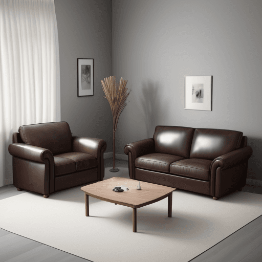 AI generated: Grey wall background, brown leather 2-seater sofa, 2 wing sofa facing each other, coffee table in th...