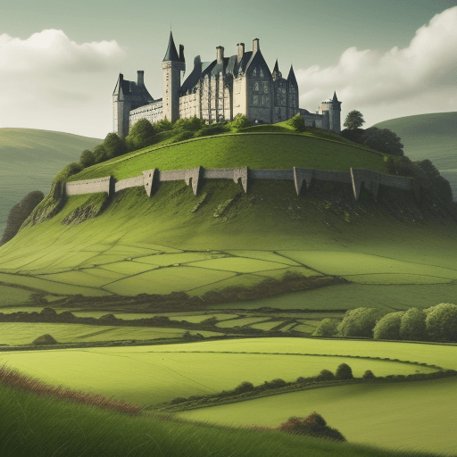AI generated: Picture of Irish landscape with green gras and hills and a castle at the horizont