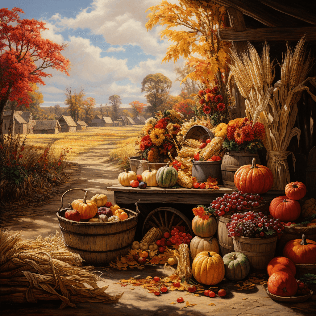AI generated: Classic traditional cornucopia at the fall harvest festival, farm in the background, high quality ma...