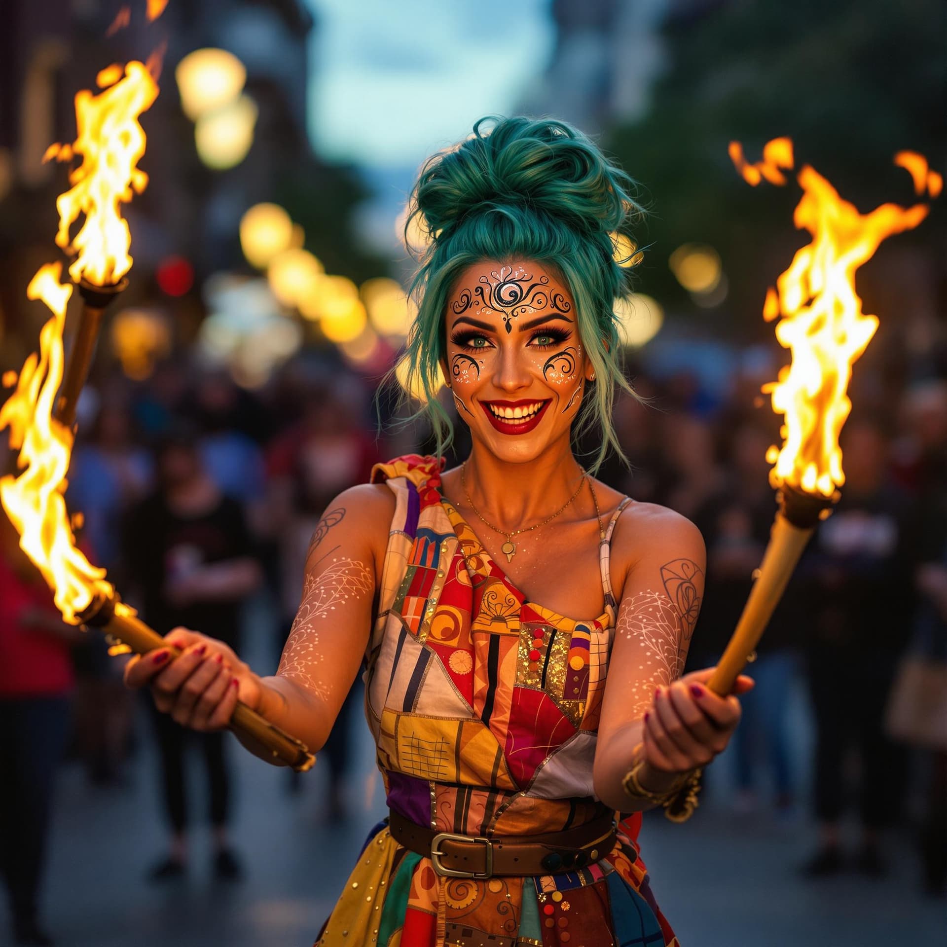 AI generated: A lively street performer in her early 30s captivates a small crowd in a bustling city square. She h...