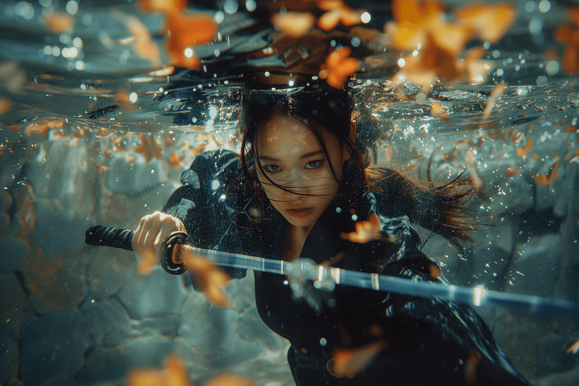 AI generated: wide angle shot, a beautiful Japanese female ninja is submersed under water, she is moving toward th...