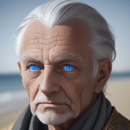 AI generated: An old vyking , the face with wrinkles, focus on the blue eyes, portrait, the skin tanned by the sun...