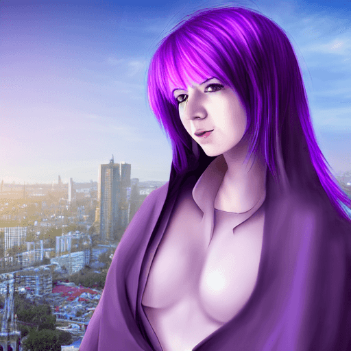 AI generated: purple haired mage, full body portrait, gentle, cloth, female, city landscape, d 