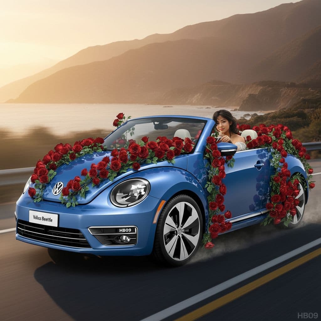 AI generated: Drive this Volkswagen Beetle.
Insert a very small "HB09" watermark onto the license plate.