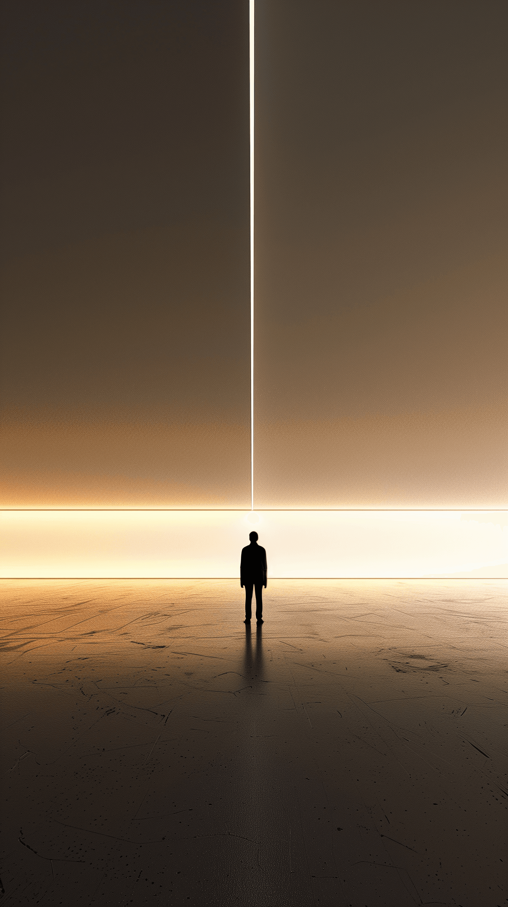 AI generated: minimalist, contemporary, figure standing before an immense horizontal light band, high-definition d...