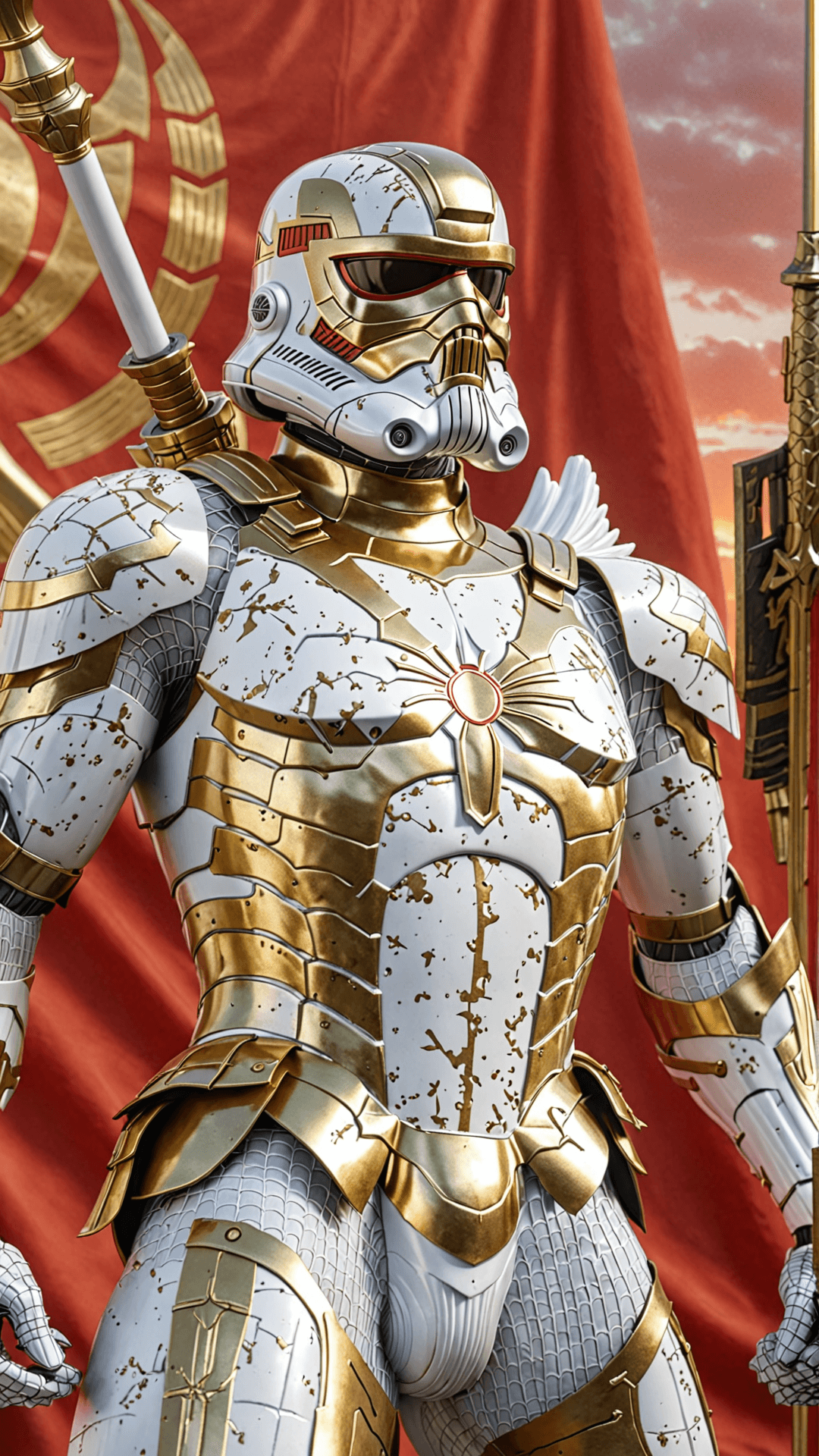 AI generated: a close up of a statue of a man with a gold and white costume, super detailed render, 3 d render cha...