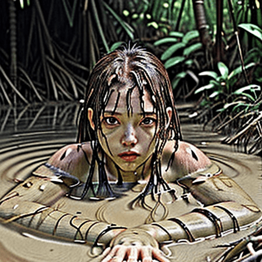 AI generated: Jungle girl, particly submerged in quicksand, sinking in mud, anime, 