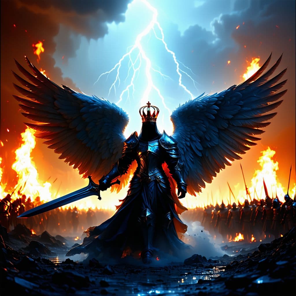 AI generated: God army angel monarchy fallen angels sun wings crown light thunder god war burn ice lighting landsc...