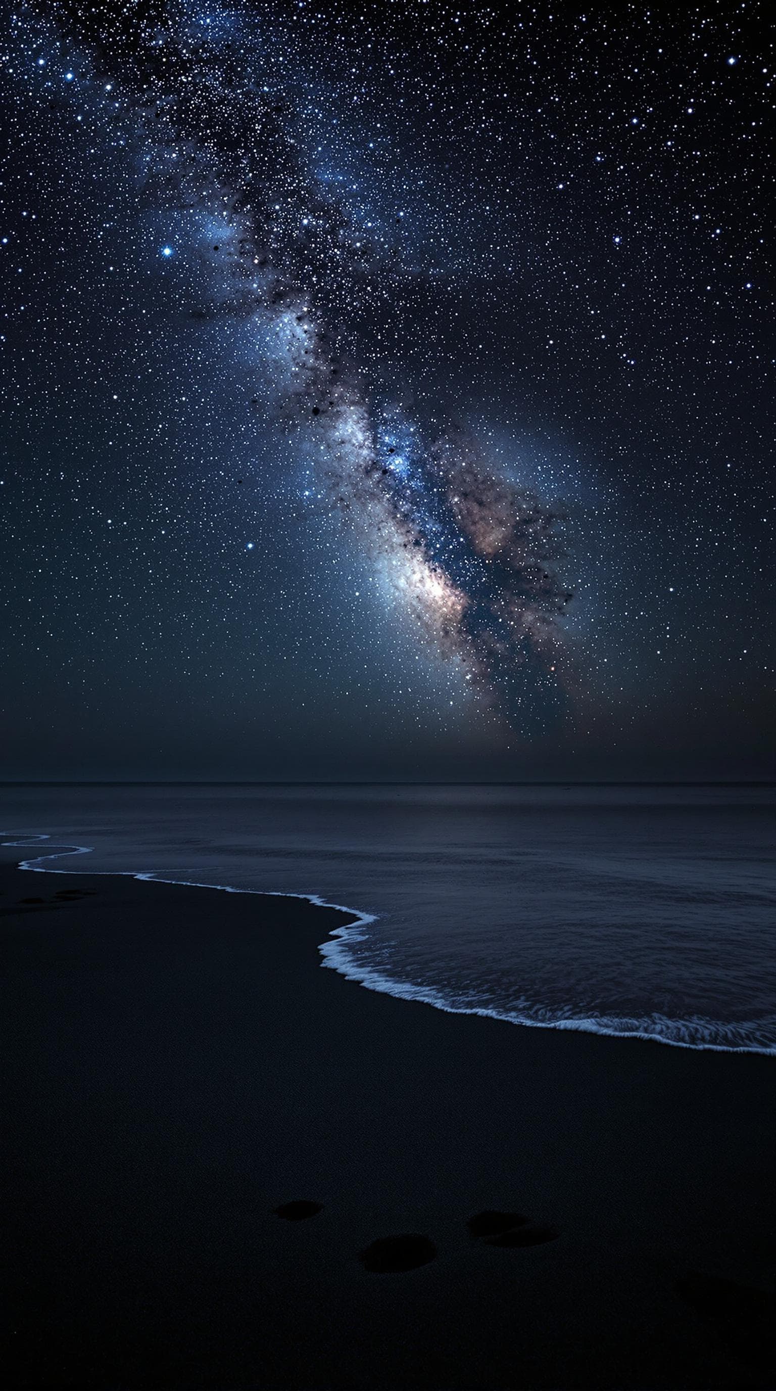AI generated: The starry sky shines on the beach, with dark gray sand and shallow water in front of it. The Milky ...
