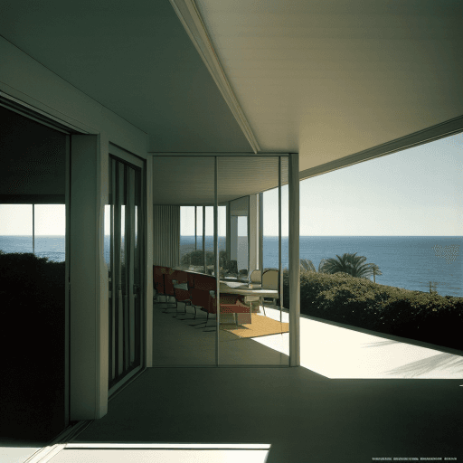 AI generated: Hyper realistic eye level exterior photo of a mid century modern style house overlooking the ocean, ...