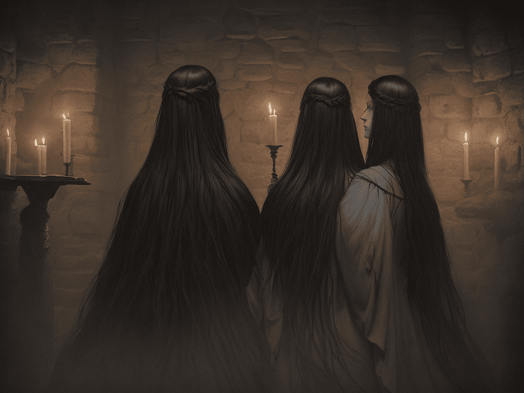 AI generated: a captivating and enigmatic portrait of twin women, posed in a dimly lit, medieval castle dungeon. T...