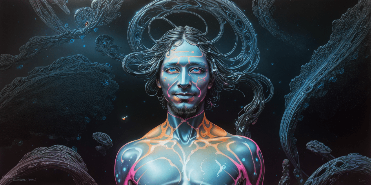AI generated: 1man, a psychedelic bioluminescent, vibrant color palette dominated by orange, pink, green and blue ...