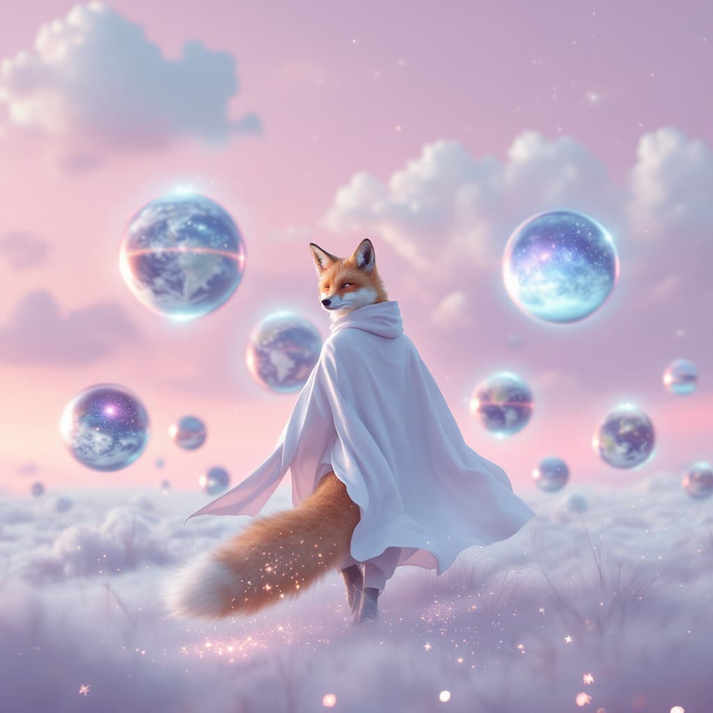 AI generated: A fox-human hybrid in a flowing white cloak wanders a field of levitating mirrors, each showing a di...