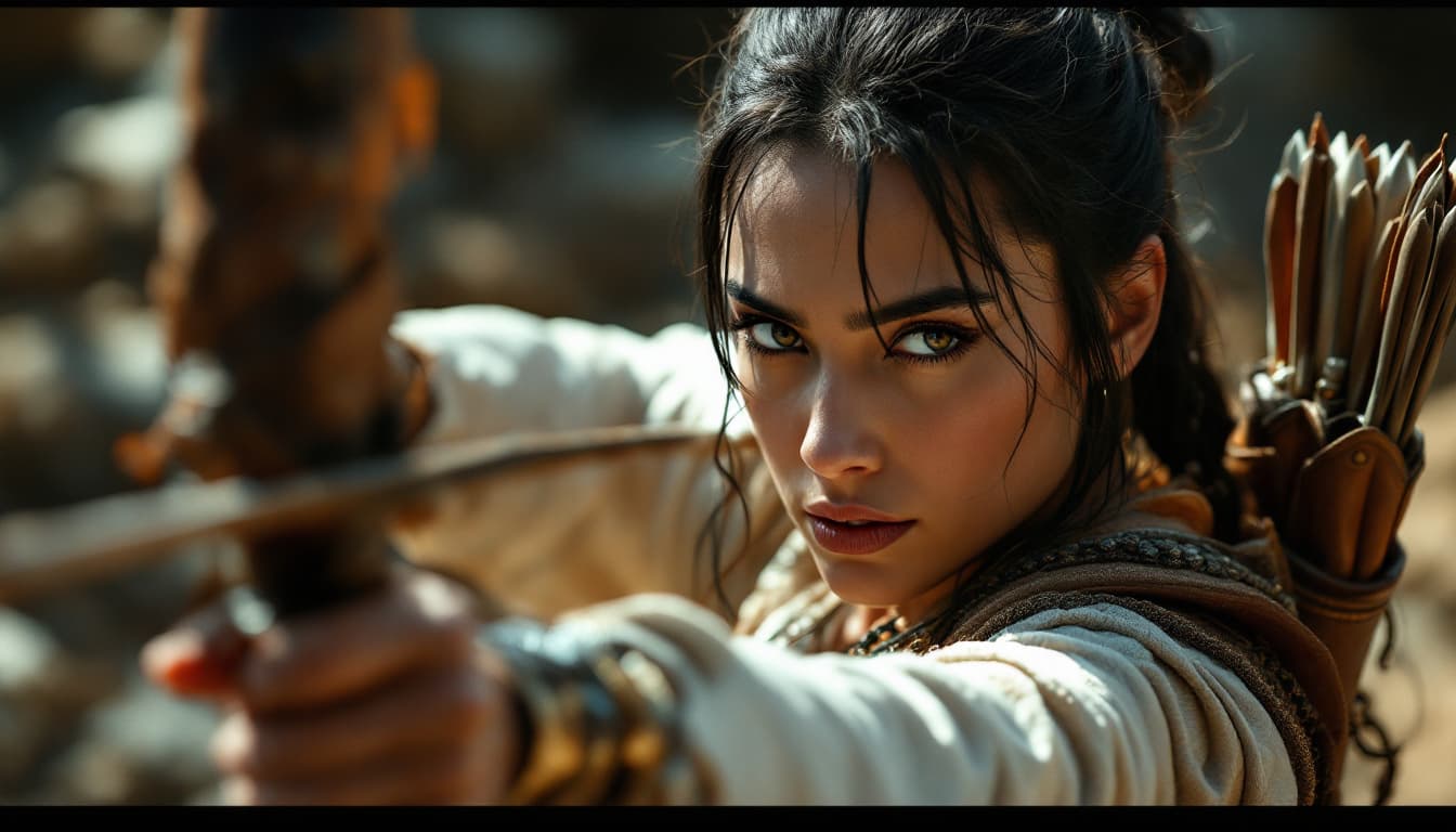 AI generated: Ultra-realistic.	High-angle shot of Yutab preparing her bow and quiver, determination etched on her ...
