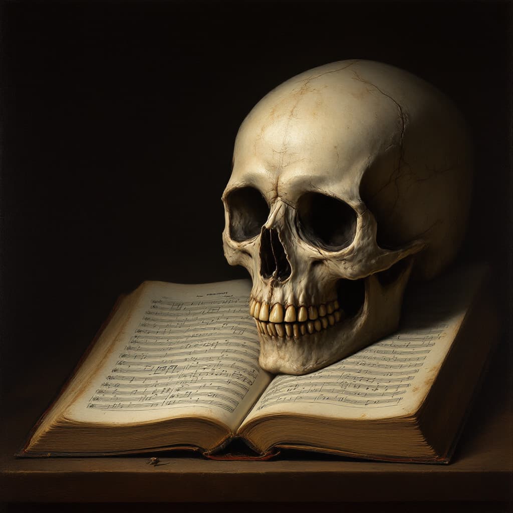 AI generated: A skull with an open mouth, next to an opened book of music in the style of Caravaggio's chiaroscuro...