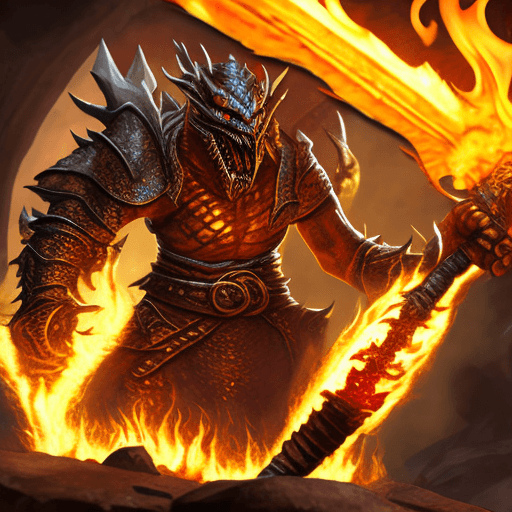 AI generated: A dungeons and dragons fire gold dragonborn spitting fire and holding a glaive in his hand