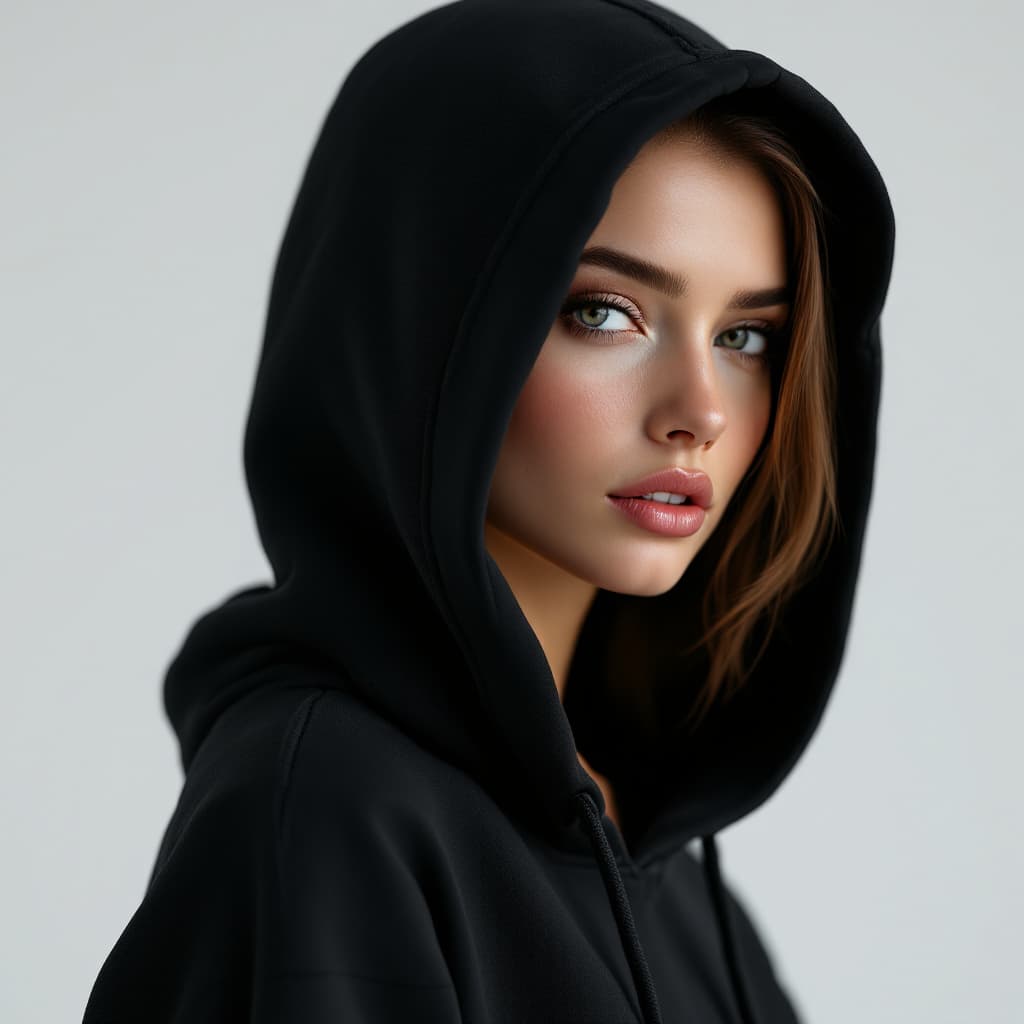 AI generated: elegant woman wearing black hoodie, ultra realistic, high quality, 8k
