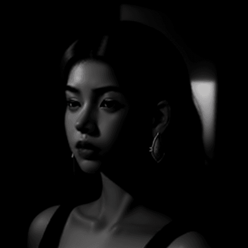 AI generated: a beautiful woman in a temple with red earrings, black and white manga, film noir, grainy texture, d...