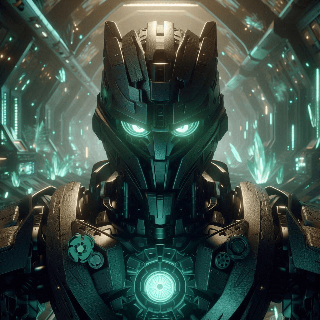 AI generated: Close-up professional 3D animation of an enigmatic black anime Bionicle mecha cyberpunk Toa of Earth...