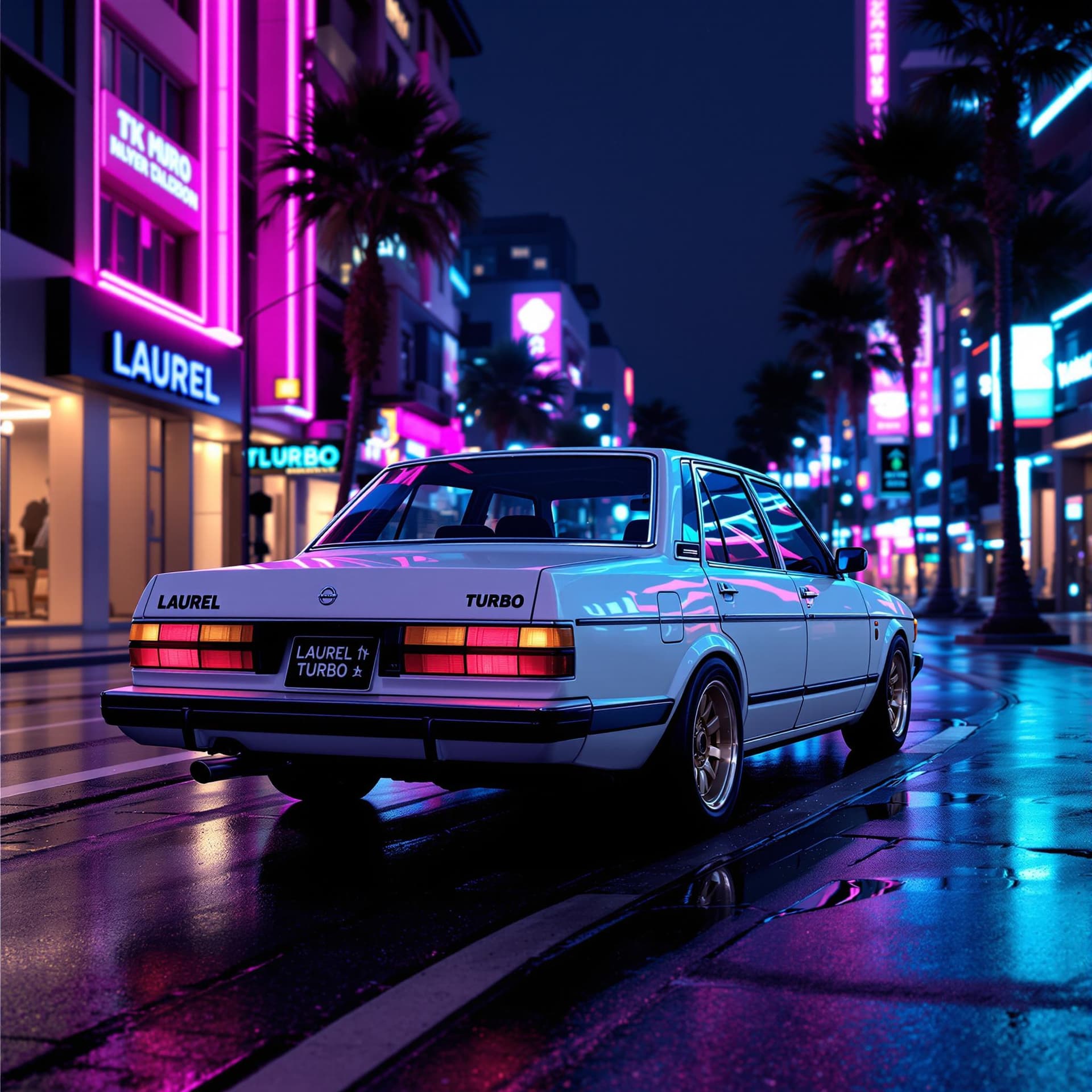AI generated: Generate a highly detailed, photorealistic 4K digital wallpaper featuring a 1982 Nissan Laurel C31 2...