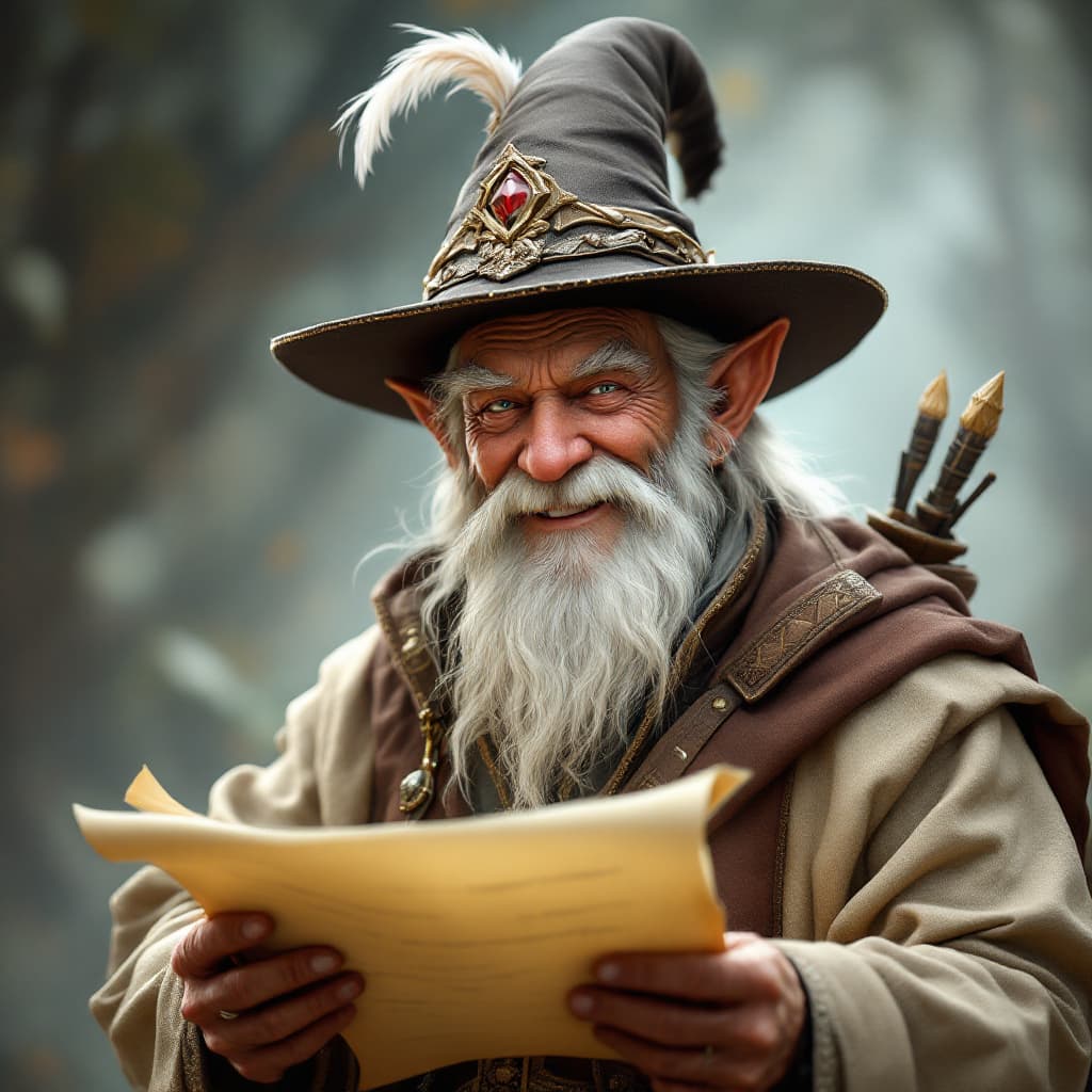 AI generated: happy musical elven bard, elderly, white hair and beard, medieval cap with a feather, holding a scro...