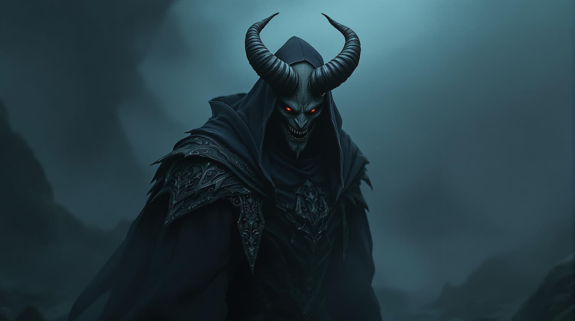 AI generated: demonic figure, dark robe with intricate details, imposing horns on head, dark and eerie landscape, ...