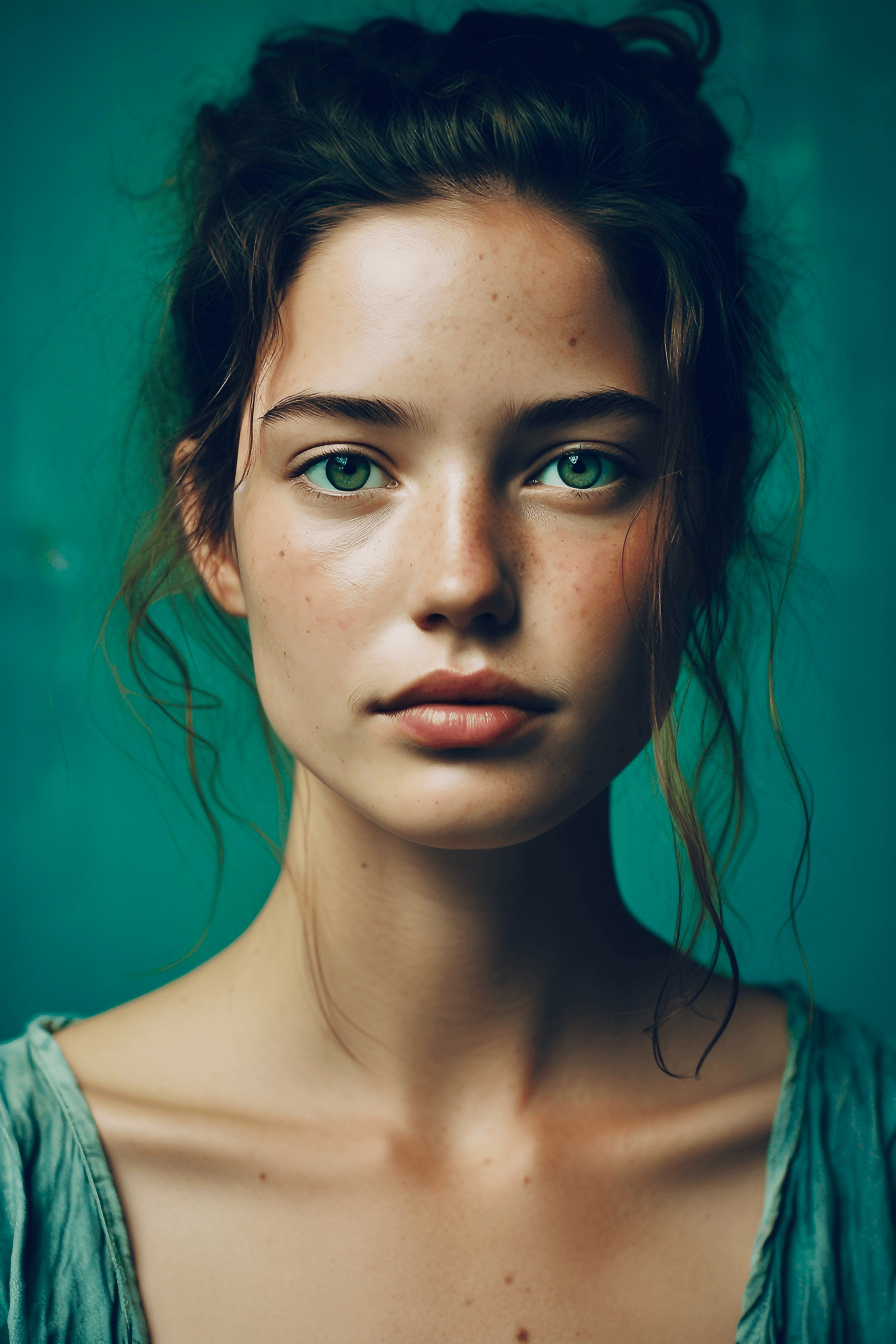 AI generated: Ultra-realistic photograph of a woman with a dynamic luminous expression, captured with Kodak Ektar ...