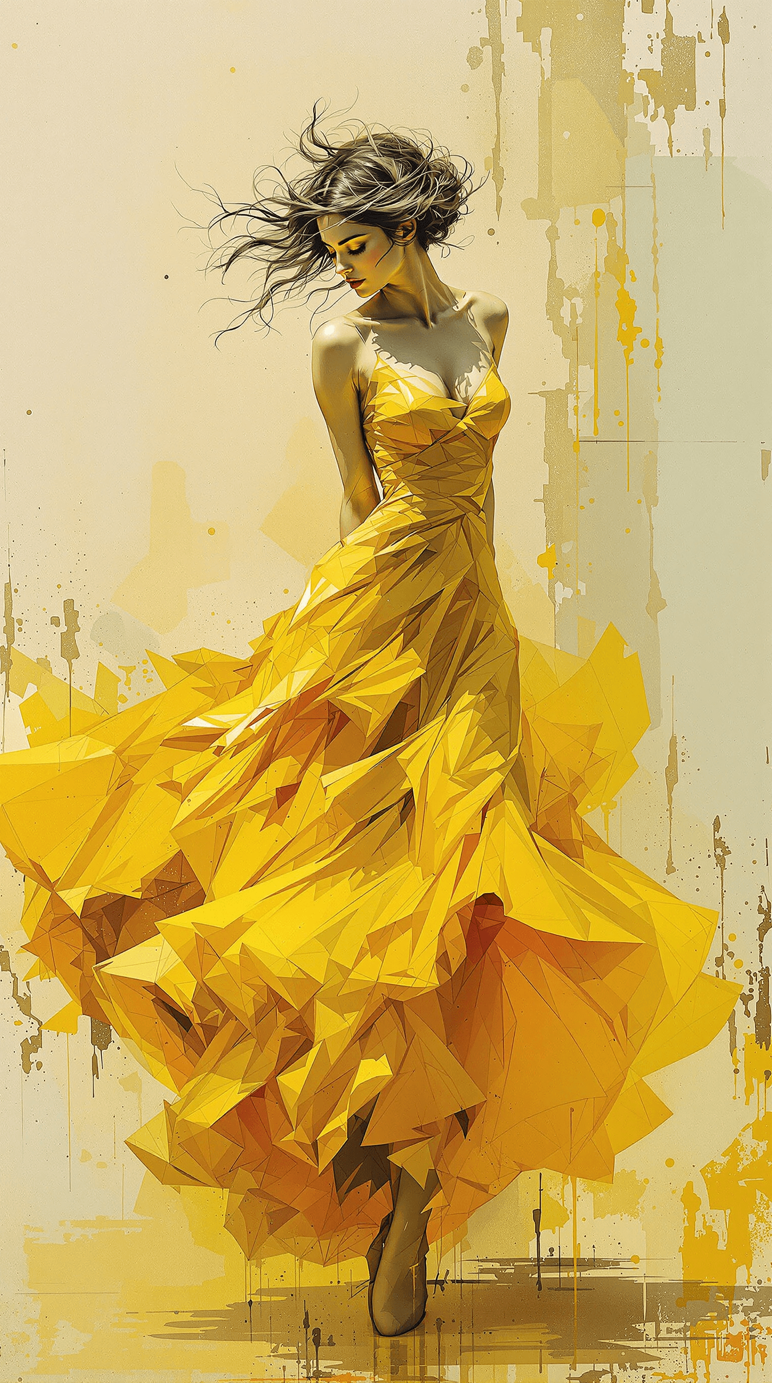 AI generated: A surreal, painterly artwork of a **woman wearing a flowing yellow dress**, captured mid-dance in a ...