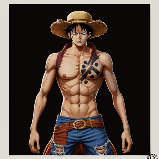 AI generated: Monkey D. Luffy, one piece anime, X-shaped scar on his chest, Straw Hat, symmetrical body, portrait,...