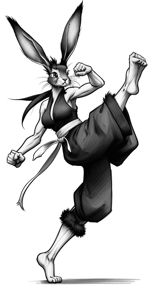 AI generated: sketch, no color, cartoon, line art, 2D, black fur, hare woman, hare legs, monk, martial arts kick