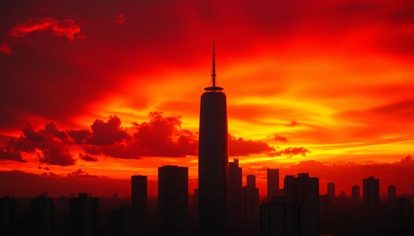 AI generated: sunset in the city with a building tower, dramatic sunset, sky on fire, dramatic sunset lighting, vi...