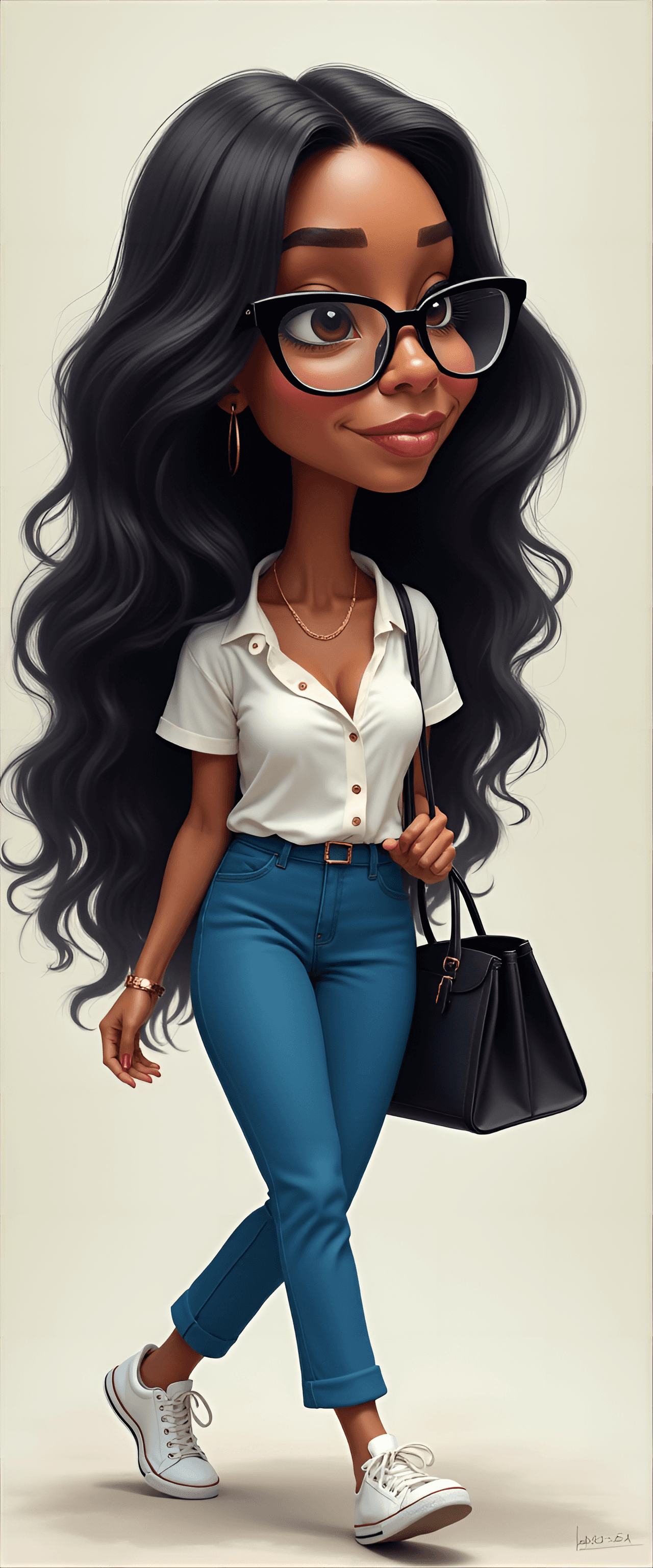 AI generated: funny caricature, trendy woman character caricature, mature african-american female, 35 years old, l...