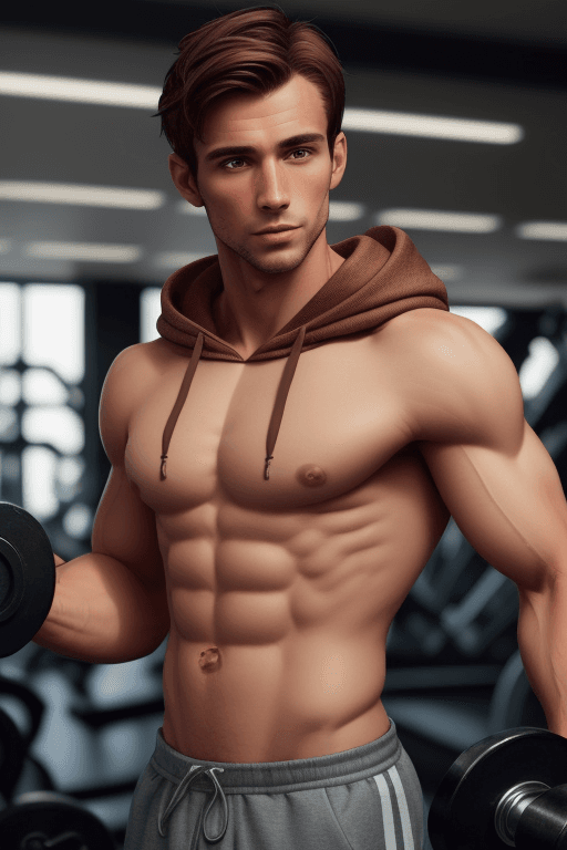 AI generated: Upper body photo: toned European man with short, brown hair, attractive and confident, Hoodie Beiget...