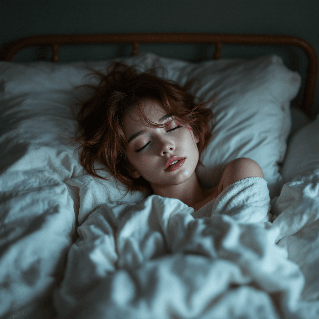 AI generated: female,short auburn hair, moody photo from behind, beautiful skinny 16 year old korean girl sleeping...