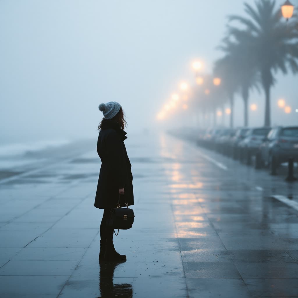 AI generated: girl standing on a foggy pavement while holding her purse, in the style of yigal ozeri, video, beach...