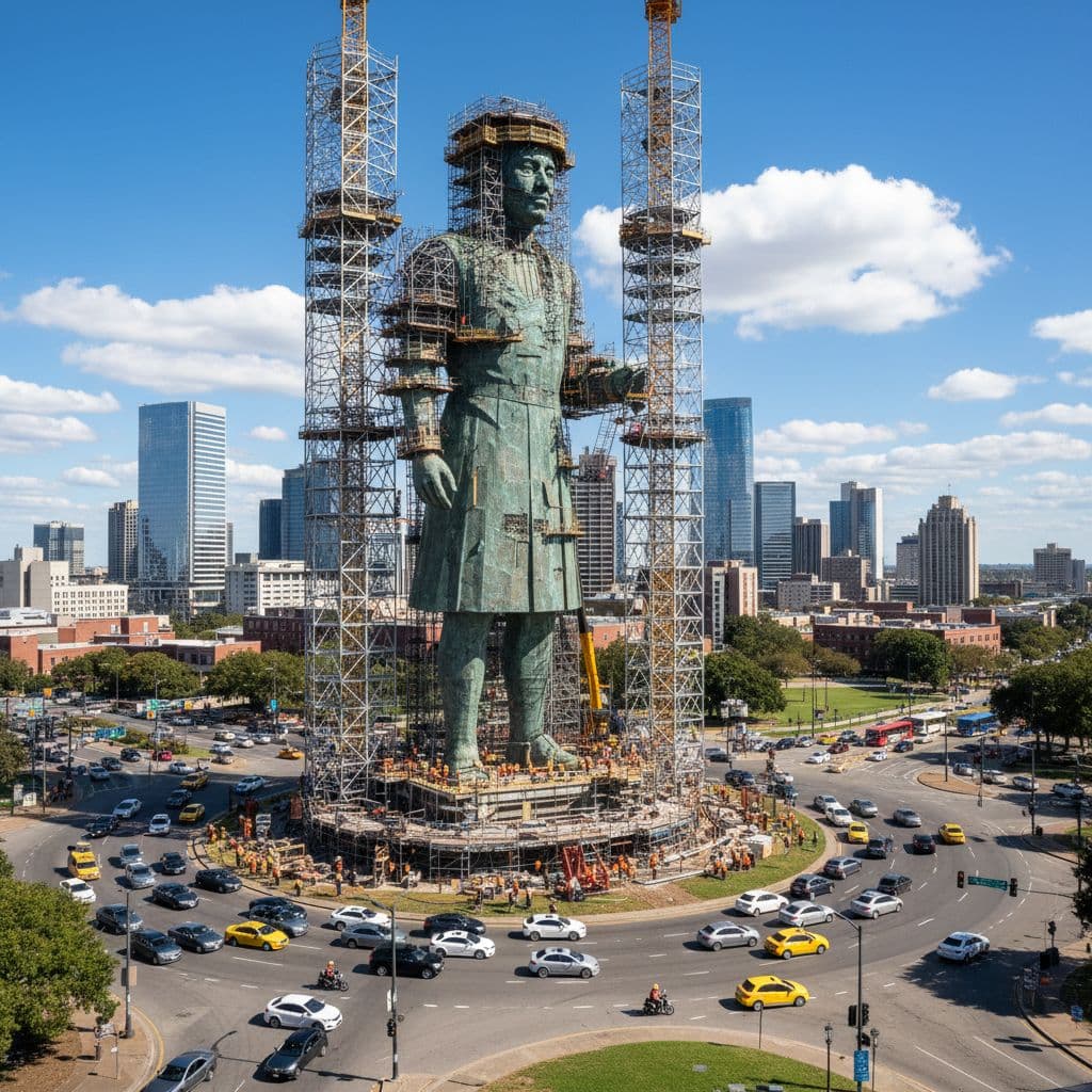 AI generated: An ultra-realistic, giant statue (based on the uploaded photo of the person) stands in the center of...