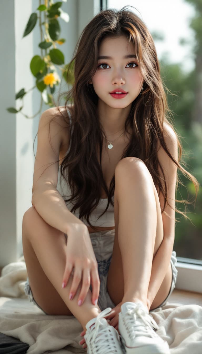 AI generated: ultra-realistic photo of a cute asian girl, 17-years-old, summer, inner wear, skinny, slim,shot on a...