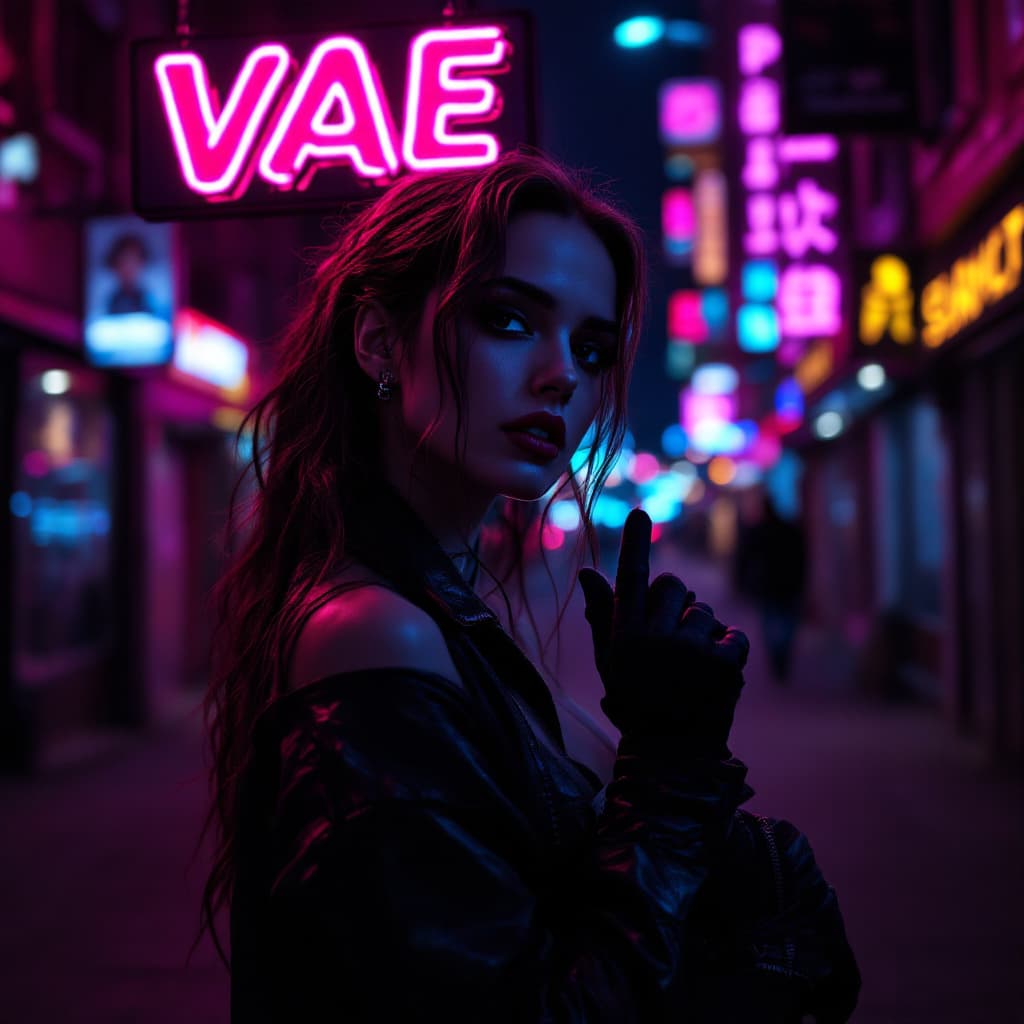 AI generated: Lana Del Ray Holding a "VAE" neon sign, night street, cyberpunk