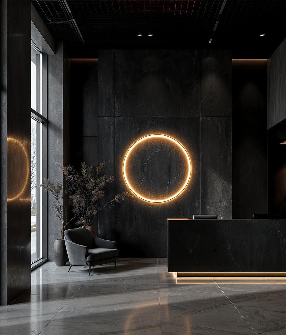 AI generated: The main focus of the image is an elegant, minimalist interior space, an luxurious lobby. The emphas...