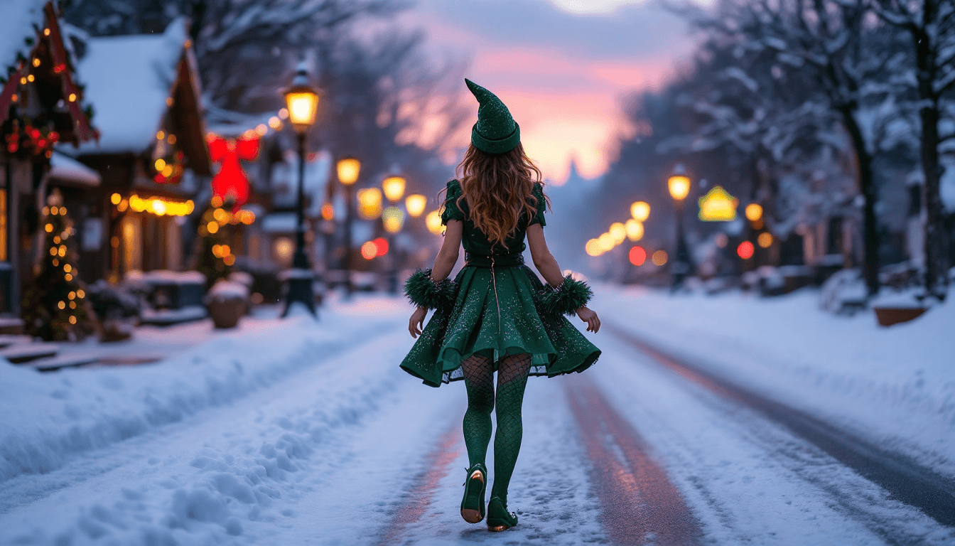 AI generated: 4K, magazine photo shoot quality image of a beautiful 23-year-old brunette elf walking down a snow c...