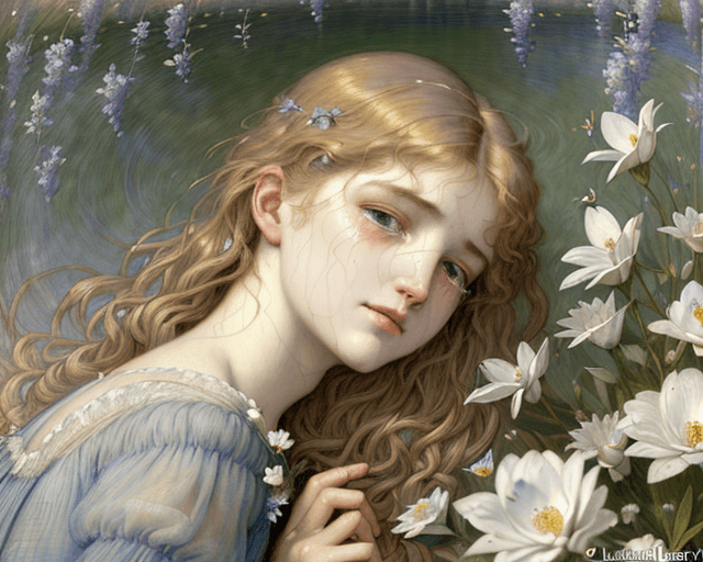 AI generated: woman crying insipired by Lucien Lévy-DhurmerLe Silence and Albert-Émile Artigue Fleurs de Printemps...