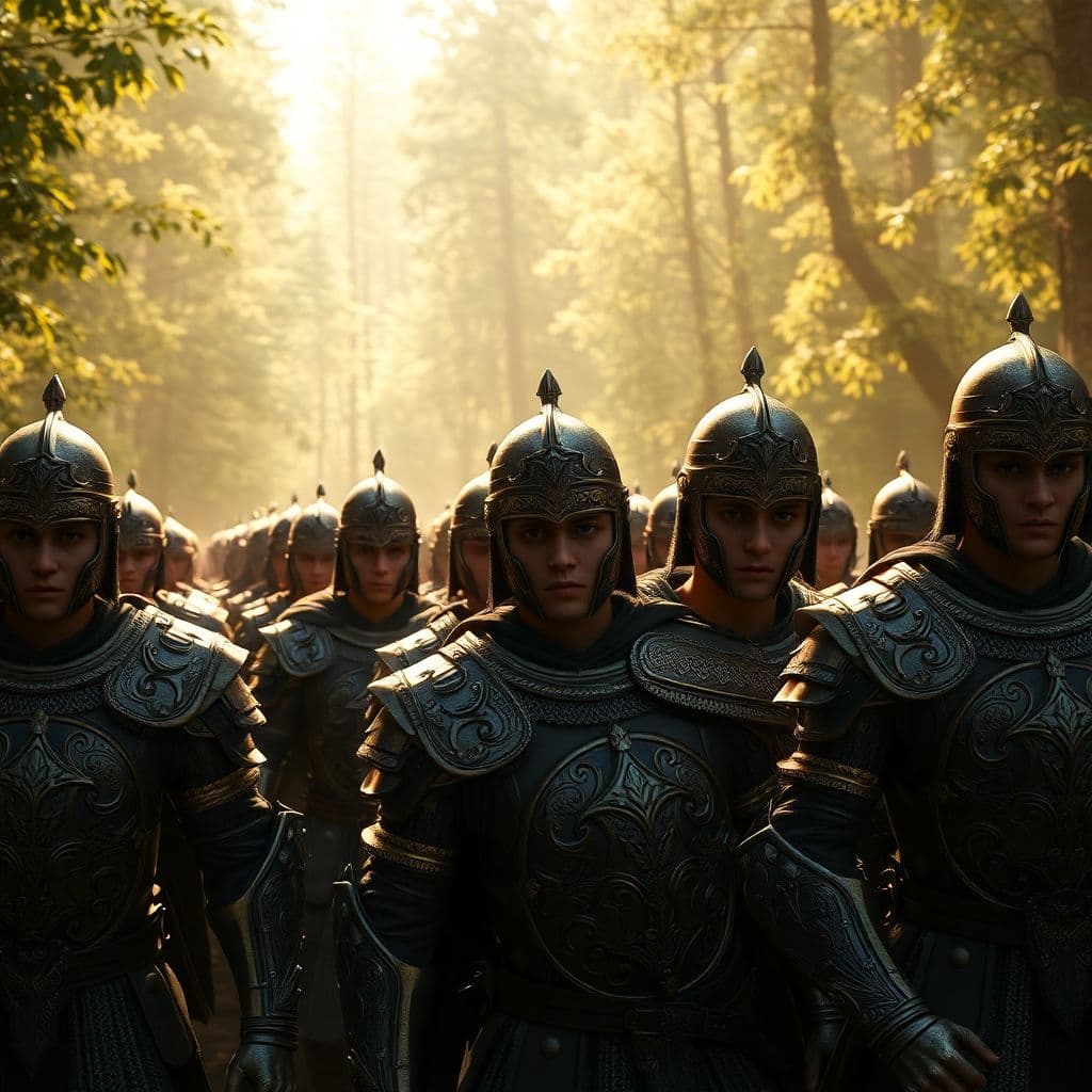 AI generated: A cinematic 3D rendering of young warriors marching in formation through a dense, sunlit forest, the...