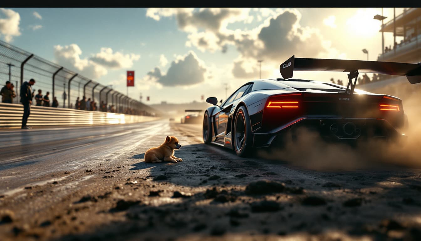 AI generated:  The race track is well lit by sunlight.  A car with the club logo on the sides is racing down the t...