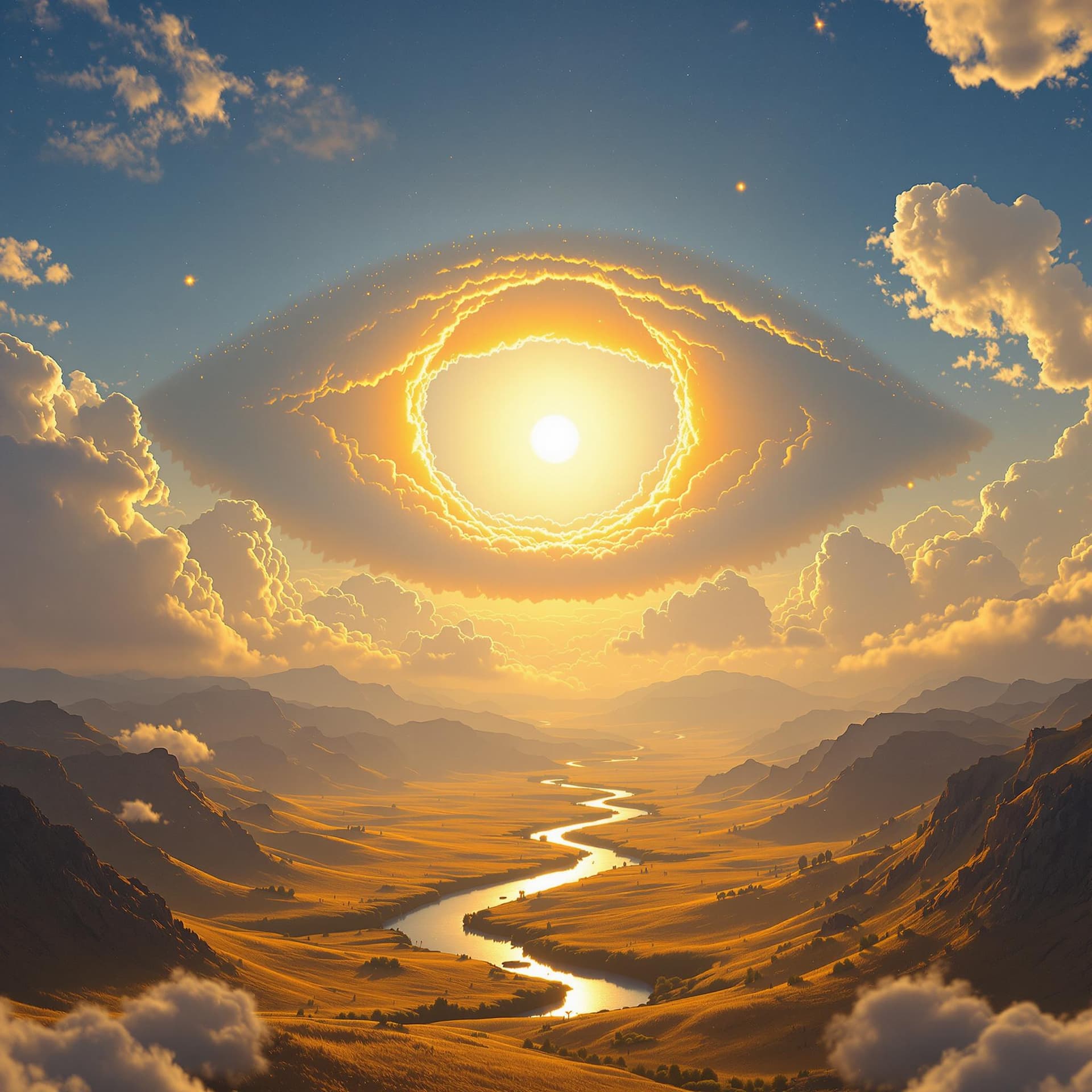 AI generated: A surreal, bright, hyperrealistic landscape bathed in golden morning light. Puffy clouds form a gent...
