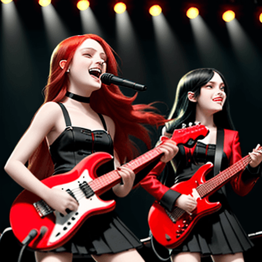 AI generated: the first girl, with black long hair, holds a microphone in her hand and sings, the second girl, wit...