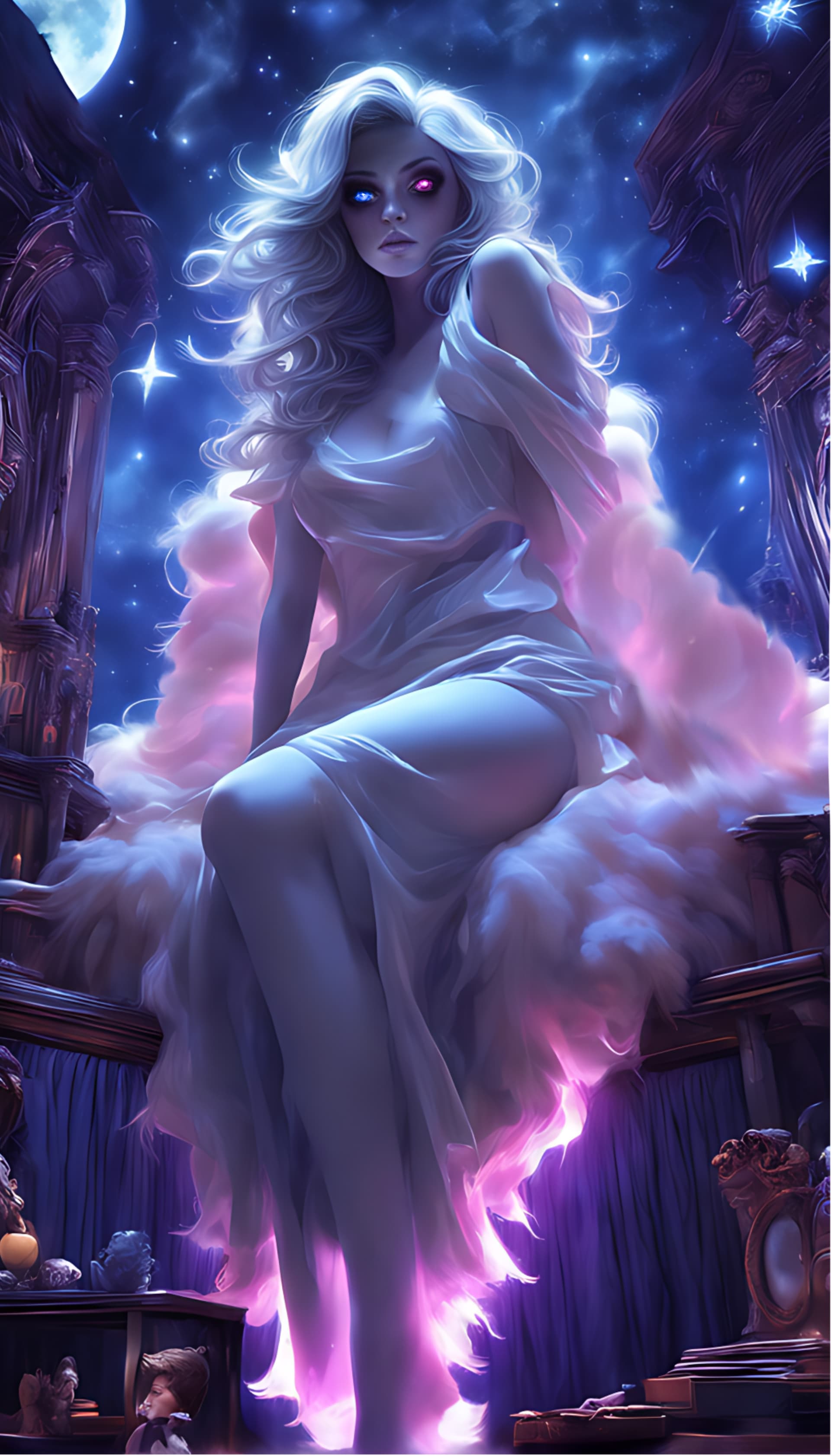 AI generated: Spectacular masterpiece, fabulous beauty ghost in dark night under starlight, sitting on dream fluff...